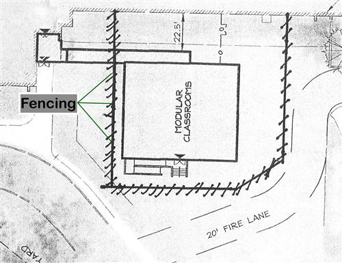 close up of fence location around modular classrooms 